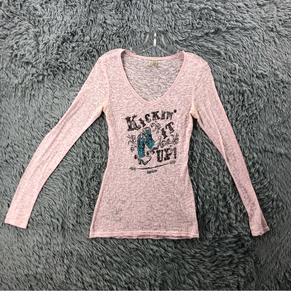 Cowgirl Shirt Justice Womens Medium Pink Burnout Vneck Kickin It Up Cowgirl Boot